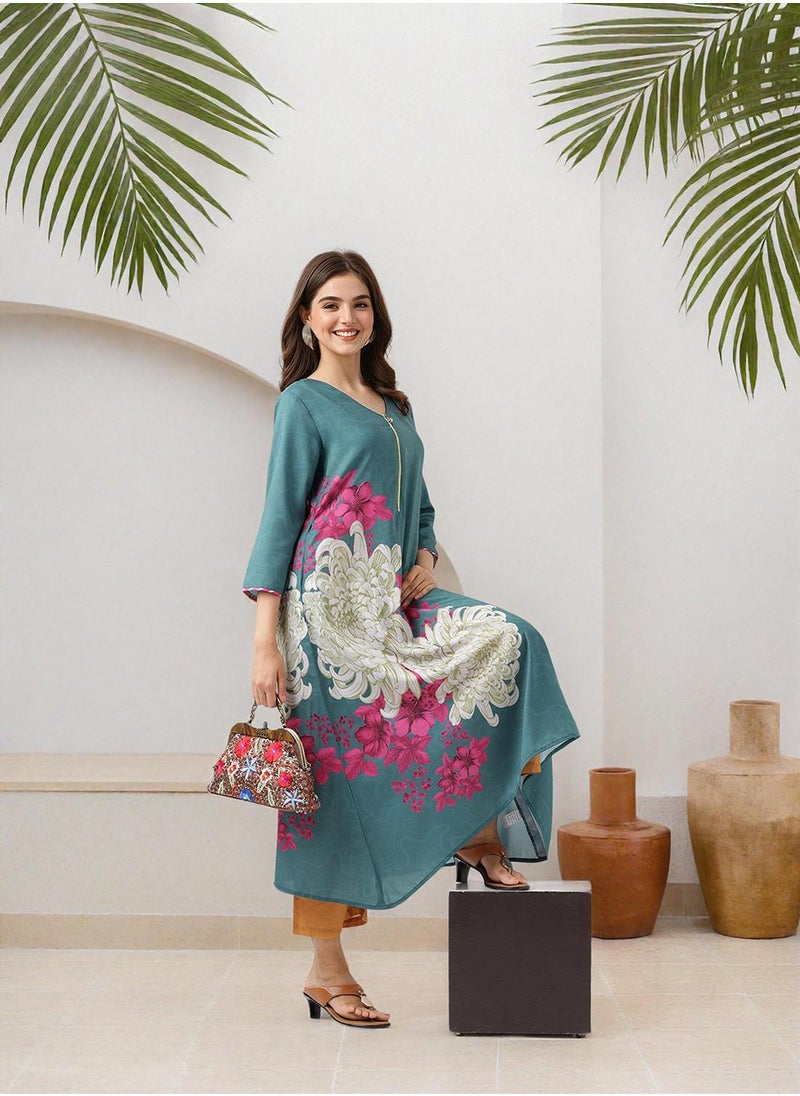 ISHIN - A-Line Fit Printed Pattern Round Neck Three-Quarter Sleeves Green Colour Knitted Cotton Kurta Set for Women with Semi Elastic Closure - Crafted for Elegance and Ease - Image 1
