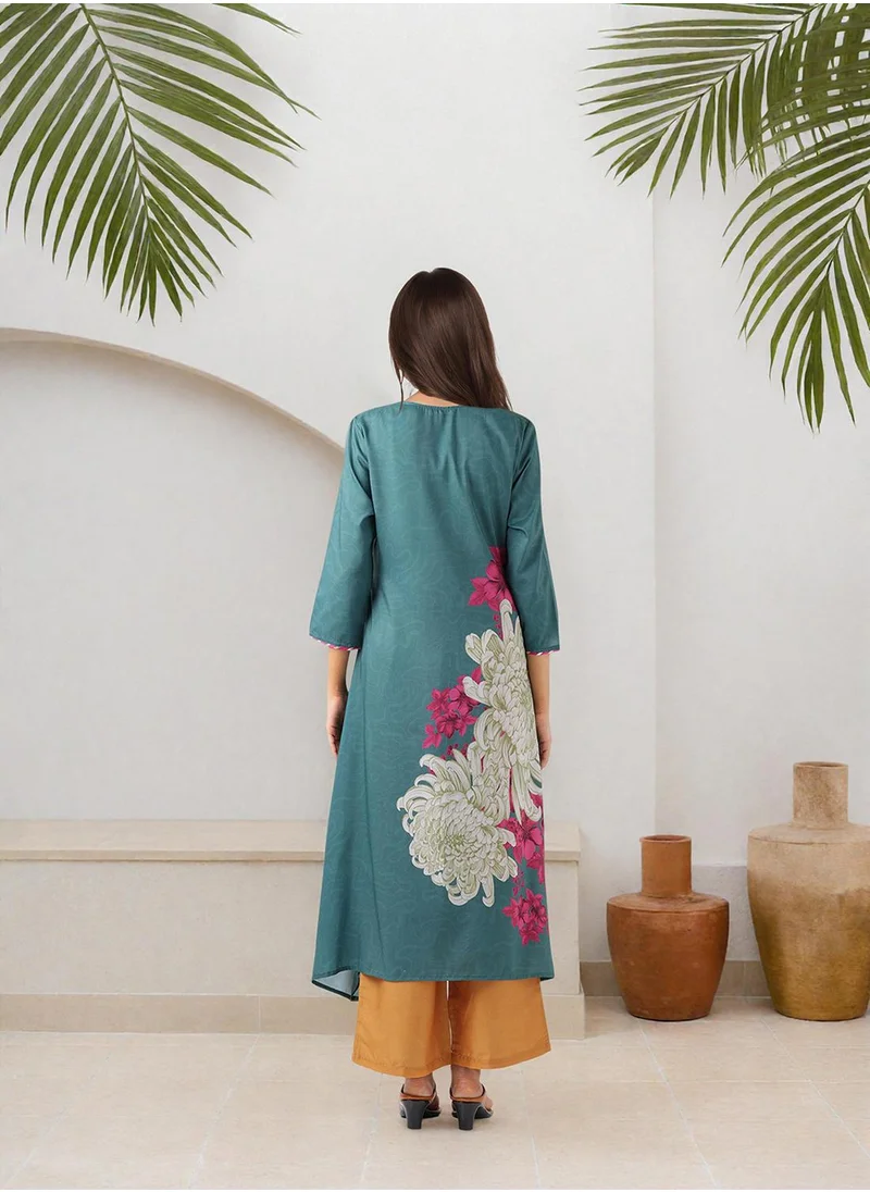 آي شين A-Line Fit Printed Pattern Round Neck Three-Quarter Sleeves Green Colour Knitted Cotton Kurta Set for Women with Semi Elastic Closure - Crafted for Elegance and Ease