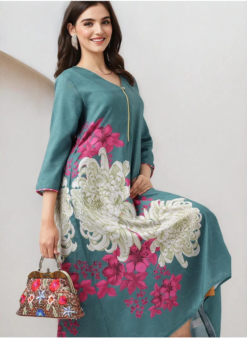 آي شين A-Line Fit Printed Pattern Round Neck Three-Quarter Sleeves Green Colour Knitted Cotton Kurta Set for Women with Semi Elastic Closure - Crafted for Elegance and Ease