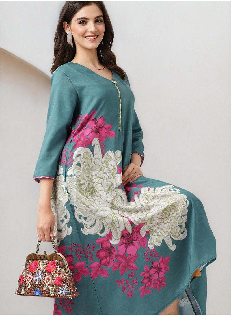 ISHIN - A-Line Fit Printed Pattern Round Neck Three-Quarter Sleeves Green Colour Knitted Cotton Kurta Set for Women with Semi Elastic Closure - Crafted for Elegance and Ease - Image 1