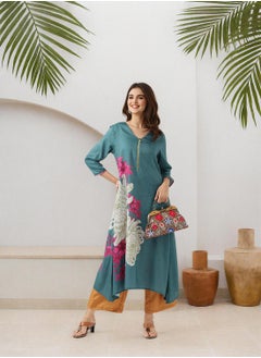 A-Line Fit Printed Pattern Round Neck Three-Quarter Sleeves Green Colour Knitted Cotton Kurta Set for Women with Semi Elastic Closure - Crafted for Elegance and Ease