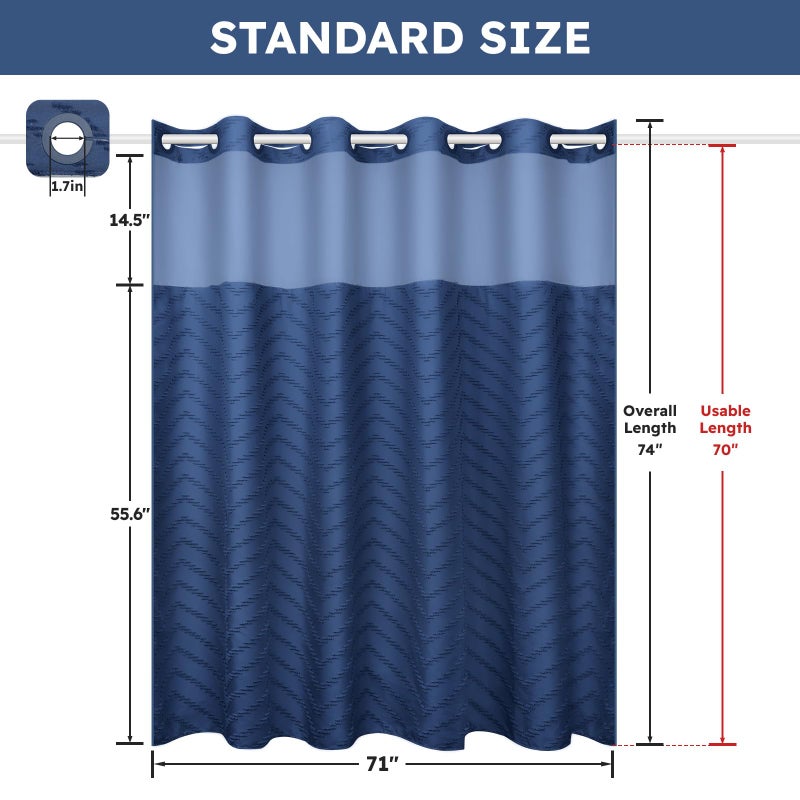 FADOTY No Hook Shower Curtain and Snap in Liner Set Navy Blue Tufted Chevron Striped Cloth Waterproof Washable Fabric Boho Bath Curtain with See Through Mesh Top Window for Bathroom Hotel 71" x 74" - Image 5