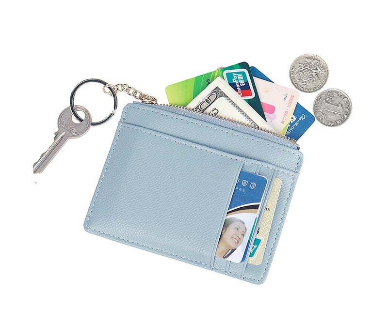 Prometheism Women Slim Leather Card Case Holder Small Wallet Cute Coin Purse Girl Mini Wallet with Keychain (Blue) - Image 2