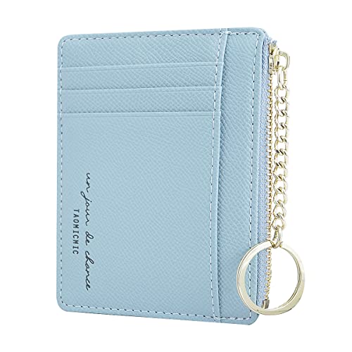 Prometheism Women Slim Leather Card Case Holder Small Wallet Cute Coin Purse Girl Mini Wallet with Keychain (Blue) - Image 1