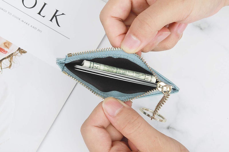 Prometheism Women Slim Leather Card Case Holder Small Wallet Cute Coin Purse Girl Mini Wallet with Keychain (Blue) - Image 5