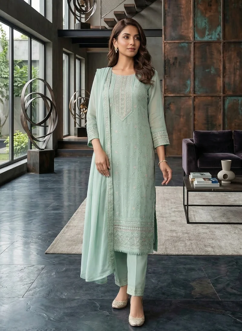 Lehar Mint Sage Embroidered Chiffon 3-Piece Festive Set