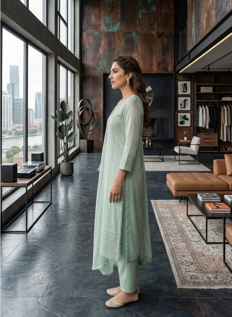 Lehar Mint Sage Embroidered Chiffon 3-Piece Festive Set