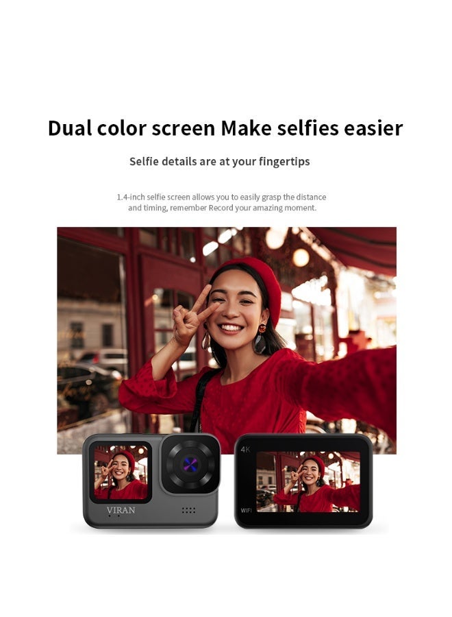 VIRAN V9 Action Camera with Dual Touch Screens - 4K HD Waterproof Sports Camcorder, EIS Anti-Shake Tech for Water Sports, Travel, Extreme Sports and Daily Recording - Image 5
