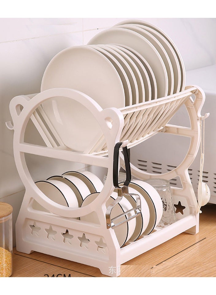 Double Layer Dish Drying Rack for Kitchen Counter, Rustproof Metal Dish Drainer with Cutlery Cup & Bowl Storage