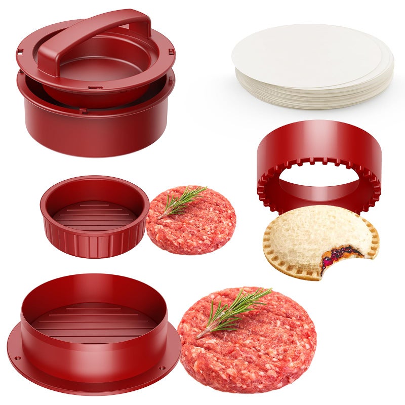 Pisol Hamburger Press, 4-in-1 Burger Press Patty Maker Slider, Stuffed Burgers Sandwich Cutter, Meat Beef Veggie Hamburger Patty Mold with 100 pcs Wax Disc Papers - Image 1