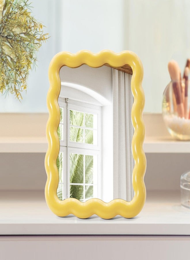 Philbinden مرآة مكياج مكتبية بشكل موجي لطيف من فيلبيندين، مرآة قابلة للطي جمالية محمولة للسفر، مرآة مكياج للوقوف/التعليق، مرآة زينة منزلية للنساء والفتيات (1، أصفر) - Image 1