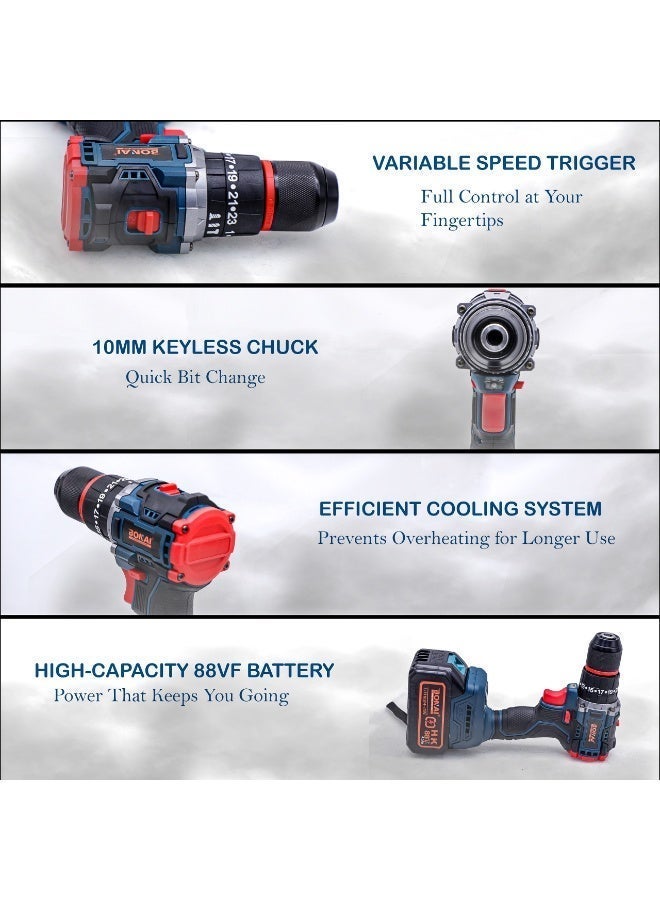 BONAI 88VF Cordless Multi-Function Drill Set with 4000mAh Lithium Battery 23 Torque Settings 10mm Keyless Self-Locking Chuck and Variable Speed ​​for Drilling Screwing Polishing BN-HK119 - Image 3