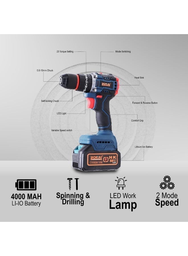 BONAI 88VF Cordless Multi-Function Drill Set with 4000mAh Lithium Battery 23 Torque Settings 10mm Keyless Self-Locking Chuck and Variable Speed ​​for Drilling Screwing Polishing BN-HK119 - Image 2