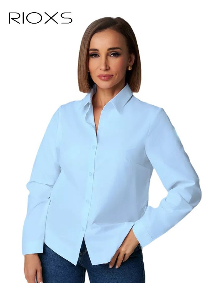 RIOXS Women's Light Blue Button Down Slim Fit Shirt​​, Breathable Stand Collar Long Sleeve Shirt for Office and Casual Wear - Image 4