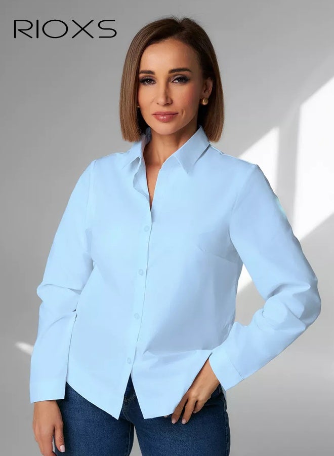 RIOXS Women's Light Blue Button Down Slim Fit Shirt​​, Breathable Stand Collar Long Sleeve Shirt for Office and Casual Wear - Image 5