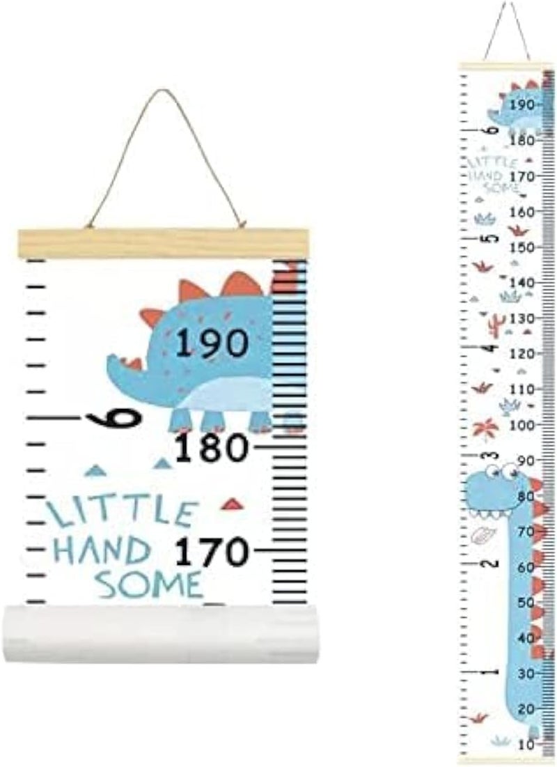MinoMia Kids Growth Chart, Wood Frame Fabric Canvas Height Measurement Ruler from Baby to Adult for Child's Room Decoration 7.9 x 79in (7.9 x 79in, Blue Dinosaur) - Image 1