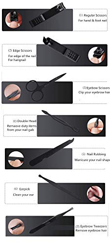 Aubcee Nail Clipper Set, Manicure, Pedicure Kit, 7 in 1 Black Stainless Steel Professional Grooming Kit with Black Leather Travel Case - Image 4