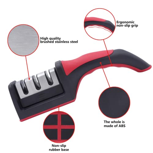 Mockery 3 Stages Knife Sharpener, Ceramic Tungsten Kitchen Knives Blade Sharpening System Tool, Smart & Professional Manual Sharpener For Straight Knives, Chrome Finish For Every Day Fine Touch-up Use - Image 3