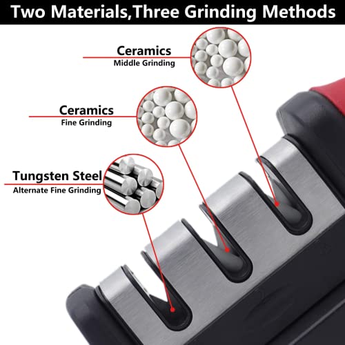Mockery 3 Stages Knife Sharpener, Ceramic Tungsten Kitchen Knives Blade Sharpening System Tool, Smart & Professional Manual Sharpener For Straight Knives, Chrome Finish For Every Day Fine Touch-up Use - Image 2