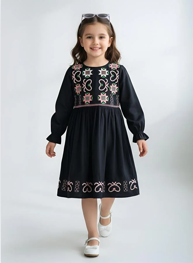 Bella Moda Girls Embroidered Long Sleeve Fit and Flare Dress