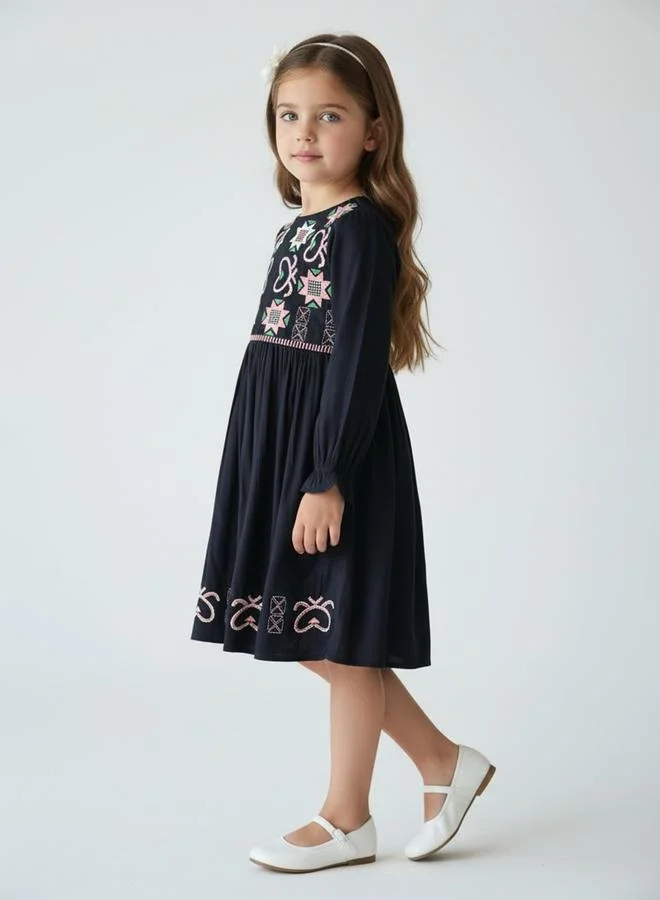 Bella Moda Girls Embroidered Long Sleeve Fit and Flare Dress