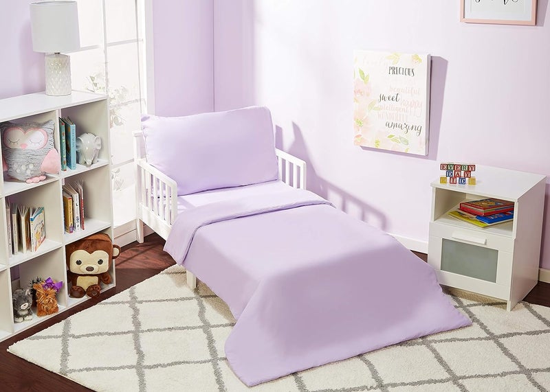 Everyday Kids 4 Piece Toddler Bedding Set - Includes Comforter, Flat Sheet, Fitted Sheet and Pillowcase - Solid Purple - Image 1