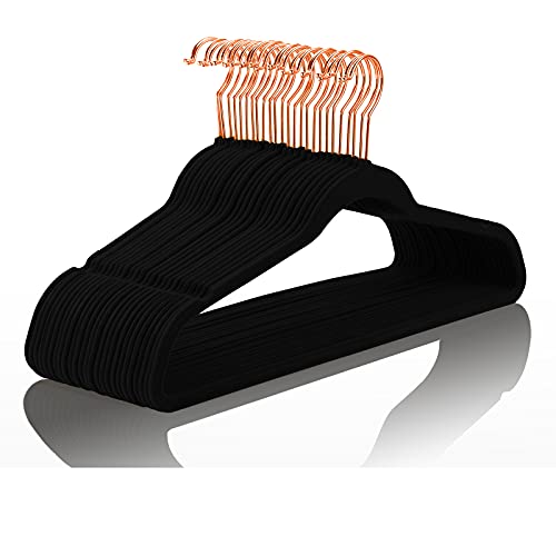MIZGI Premium Velvet Hangers 50 Pack Heavy Duty Non Slip Felt Hangers Velvet Suit Hangers Black Rose Gold HooksSpace Saving Clothes Hangers - Image 1