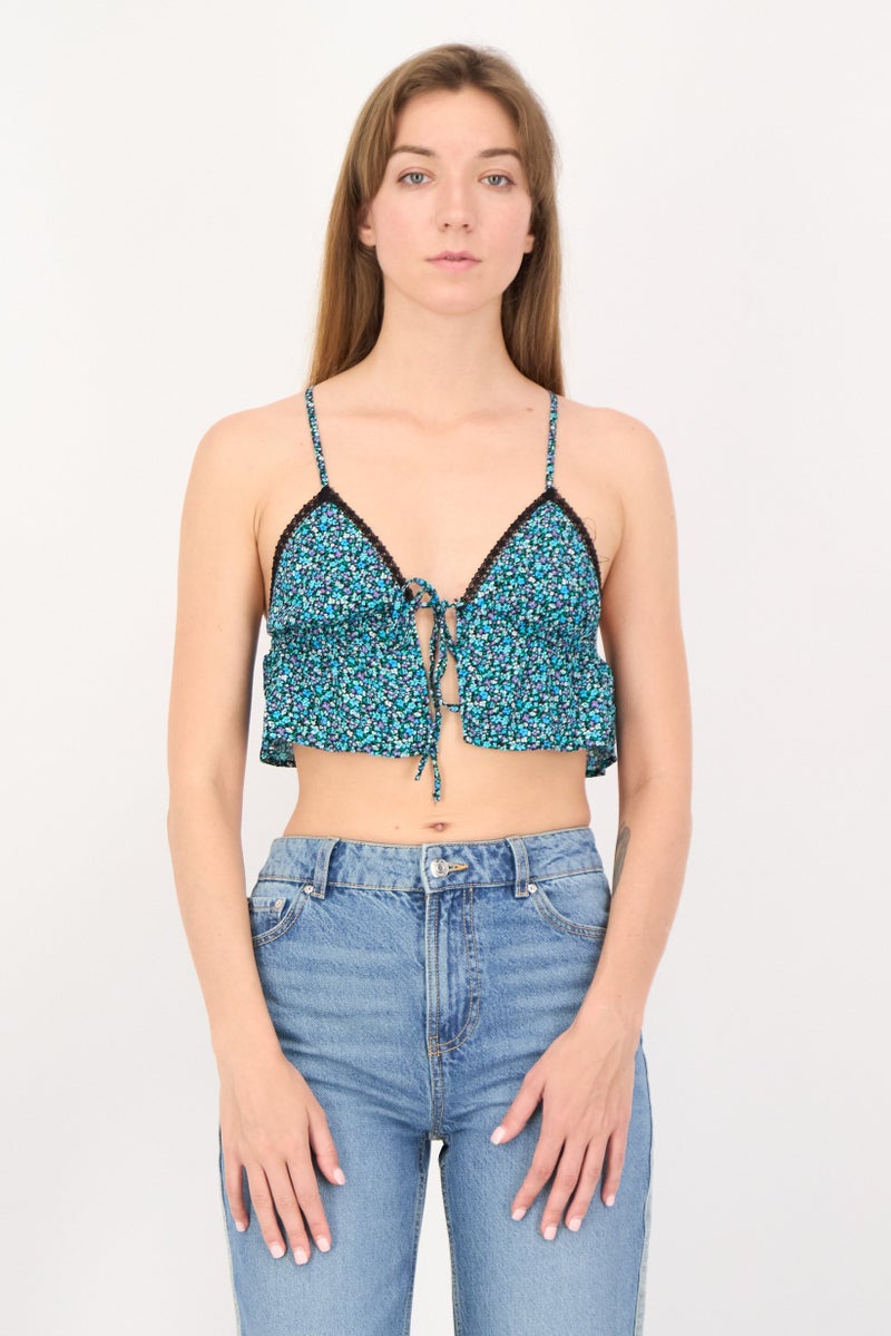 Bershka بلوزة نسائية بدون أكمام بطبعة زهور مع رباط حول العنق، متعددة الألوان - Image 1