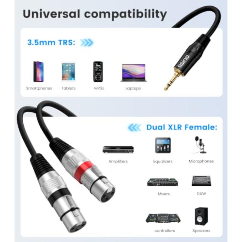 كابل ميكروفون مزدوج XLR إلى 3.5 مم ستيريو سلكي Y-مقسم من أنثى XLR إلى 8 بوصة جاك مينى - طول 6.6 قدم - Image 2