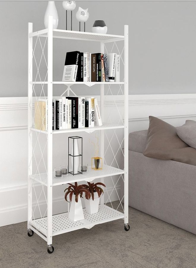 DubaiGallery وحدة تخزين قابلة للطي بخمسة طبقات مع عجلات، رف تخزين معدني لعرض في المرآب والمطبخ والمخزن والخزانة وغسيل الملابس، رف بخمسة طبقات - Image 2