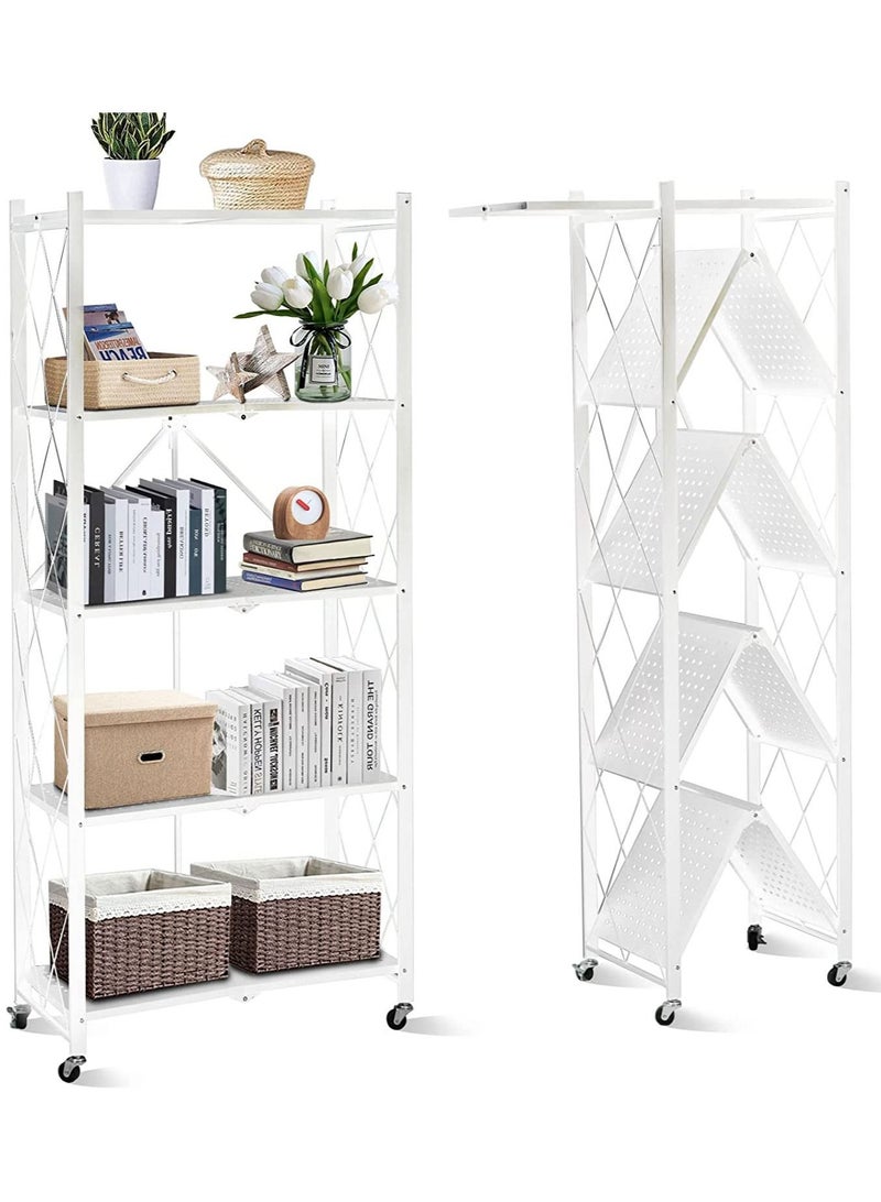 DubaiGallery وحدة تخزين قابلة للطي بخمسة طبقات مع عجلات، رف تخزين معدني لعرض في المرآب والمطبخ والمخزن والخزانة وغسيل الملابس، رف بخمسة طبقات - Image 1