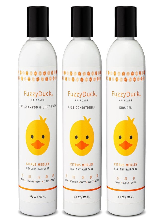 FuzzyDuck Kids Shampoo + Body Wash, Conditioner and Hair Gel Set (8oz each) for All Hair Types, Moisturizer with Aloe, Sea Botanicals & Honey to Reduce Frizz, Increase Moisture & Manageability for Smooth, Silky Hair - Citrus Medley - Image 1