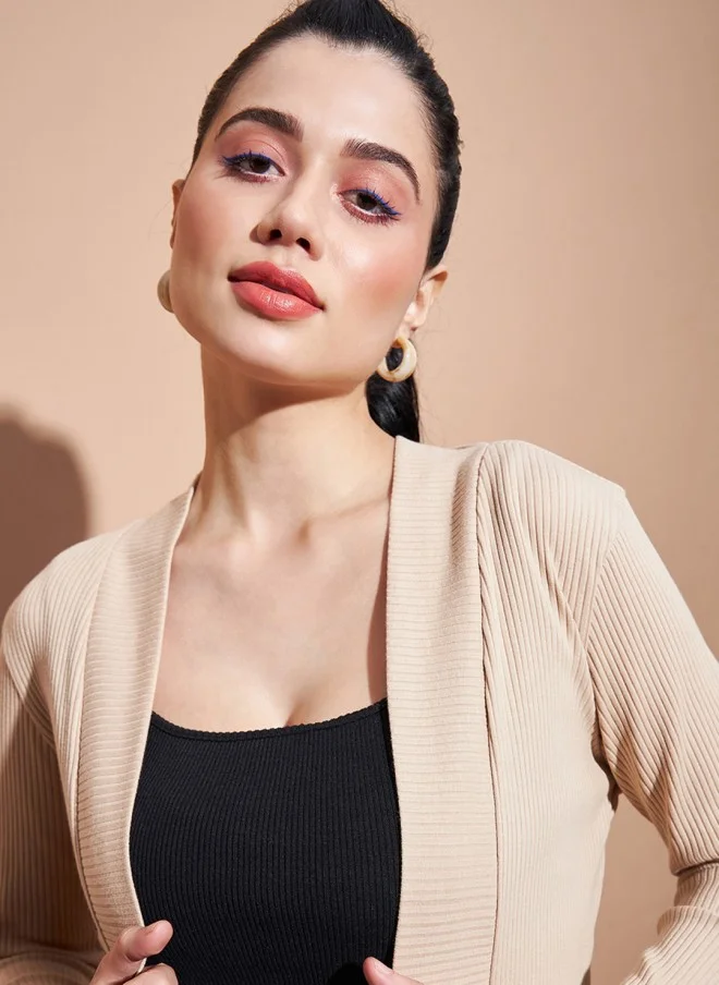 ساسافراس Beige Ribbed Longline Shrug for Women