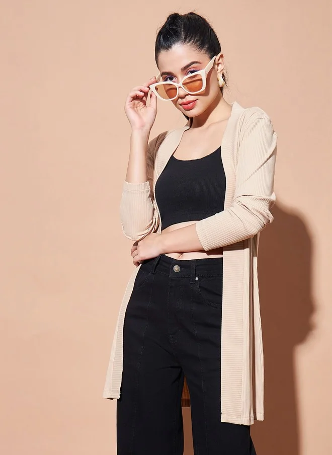 ساسافراس Beige Ribbed Longline Shrug for Women