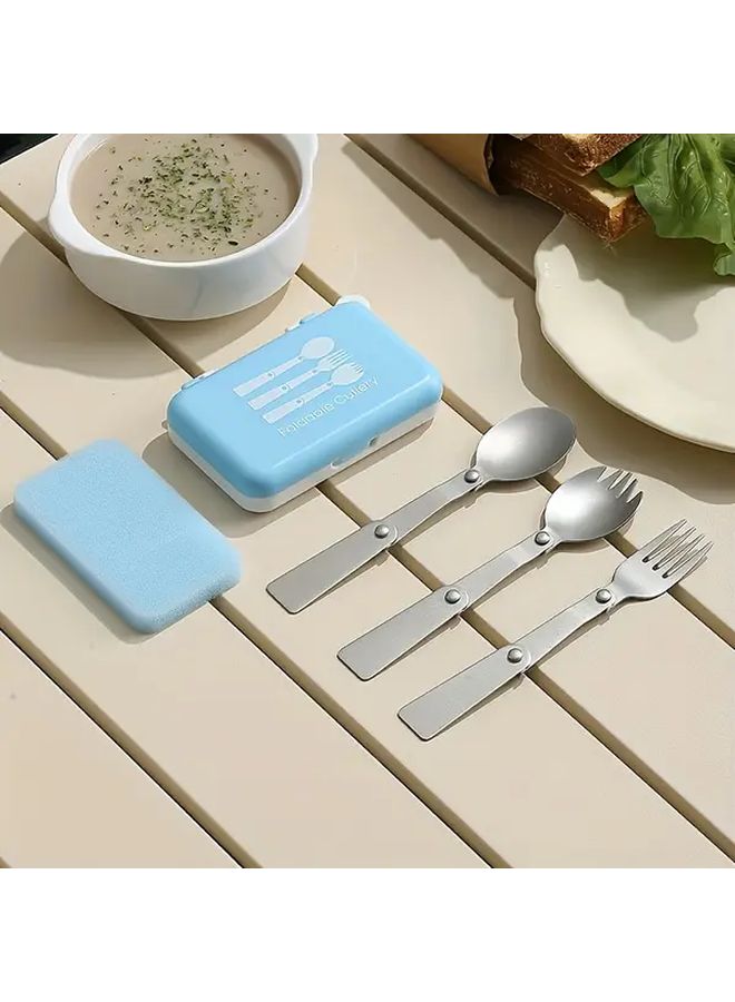 مجموعة أدوات طعام قابلة للطي من الفولاذ المقاوم للصدأ، ملعقة وشوكة زرقاء محمولة للسفر والهواء الطلق - Image 1