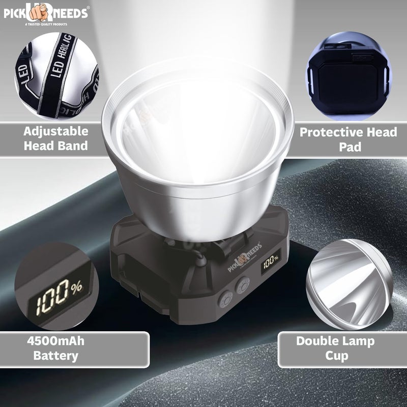 Pick Ur Needs Chargeable 300W Bright LED Head Lamp 4500mAh Battery with Indicator Type C Port 7 hrs Torch Emergency Light - Image 5