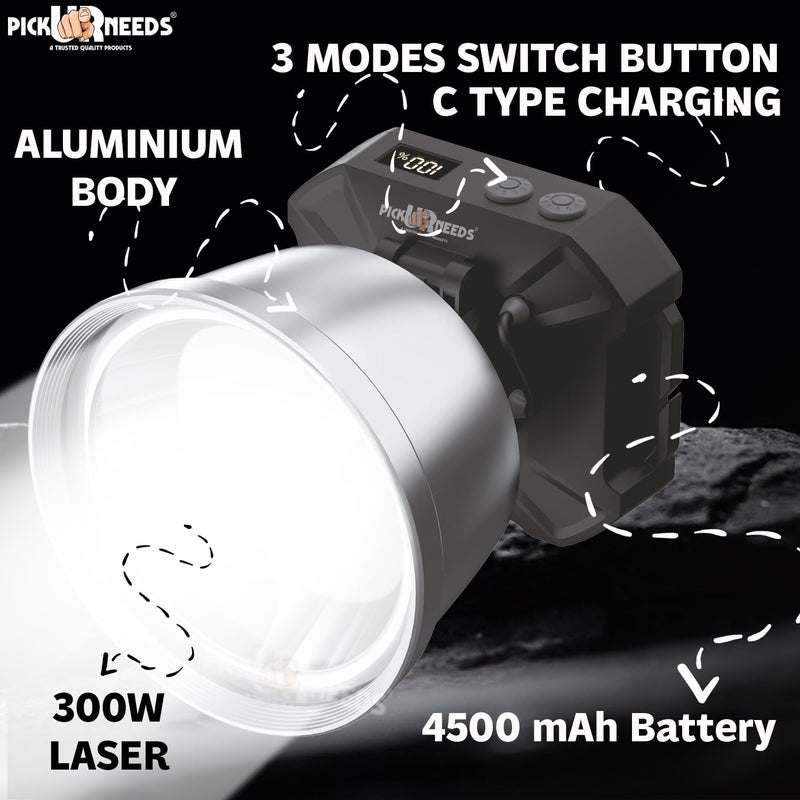 Pick Ur Needs Chargeable 300W Bright LED Head Lamp 4500mAh Battery with Indicator Type C Port 7 hrs Torch Emergency Light - Image 4