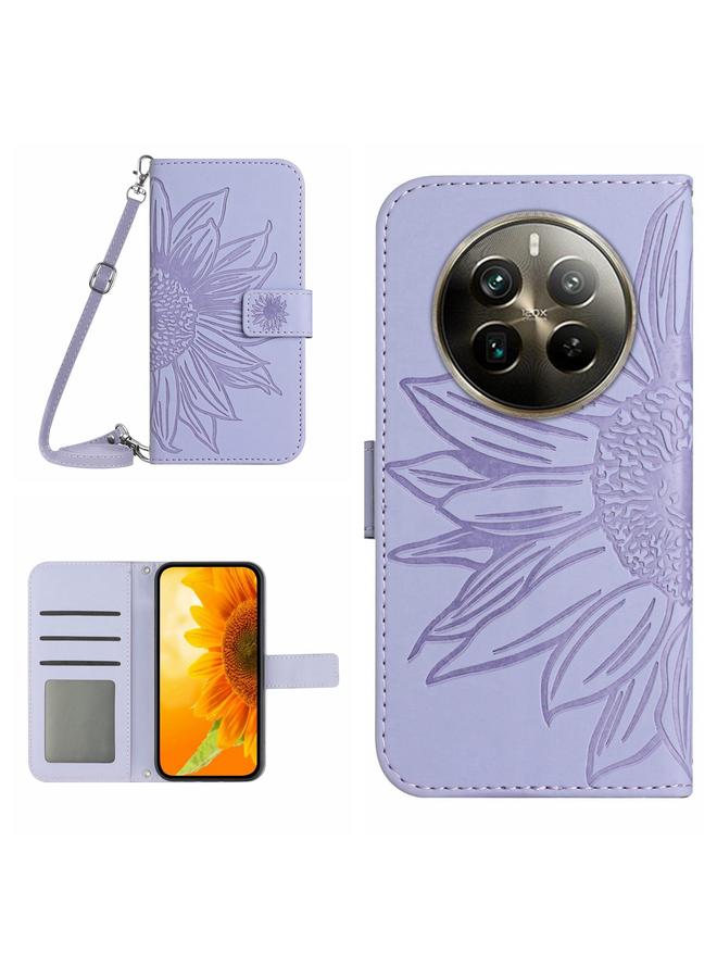 S-TOP Case For Realme 12 Pro/12 Pro+ Global Skin Feel Sun Flower Embossed Flip Leather Phone Case with Lanyard - Image 1