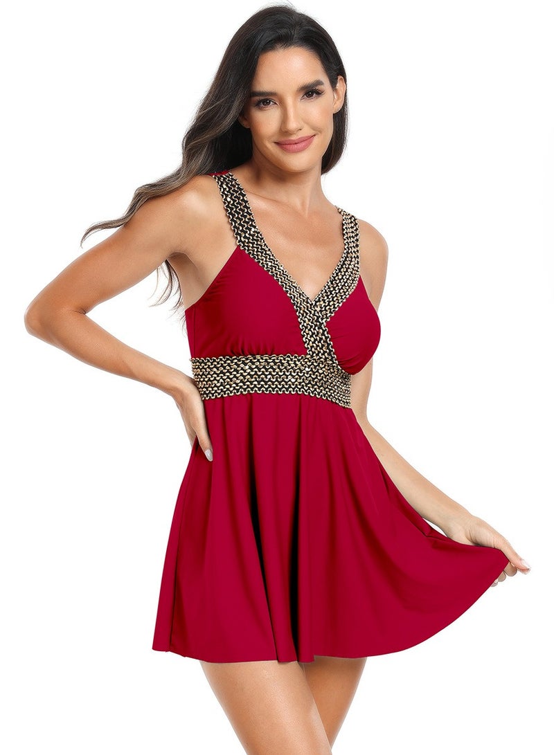 Womens 2 peice set Swimsuits Tummy Control Swim Dress And Thong Bottom Swimwear Bathing Suits Wine Red - Image 3