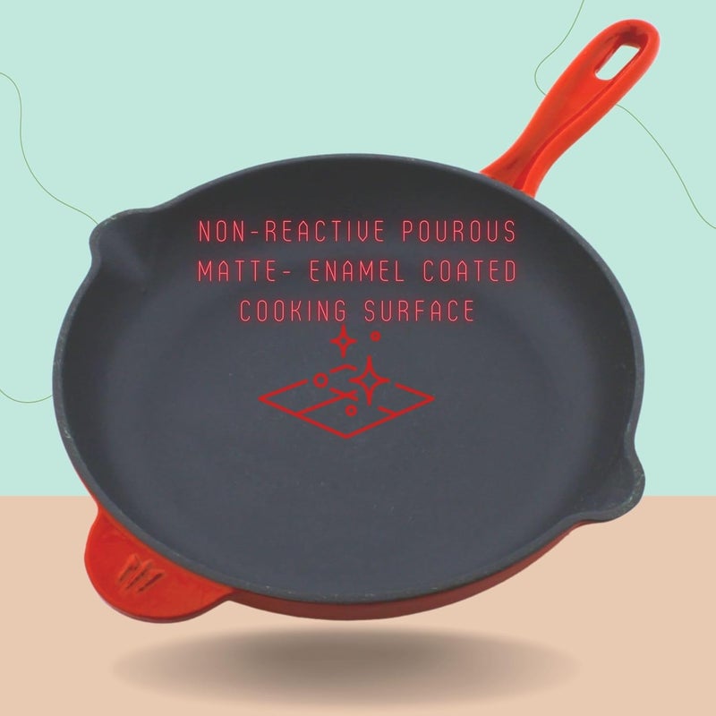 Trilonium Enameled Cast Iron Induction Compatible Skillet Fry Pan 26 cms Red - Image 4