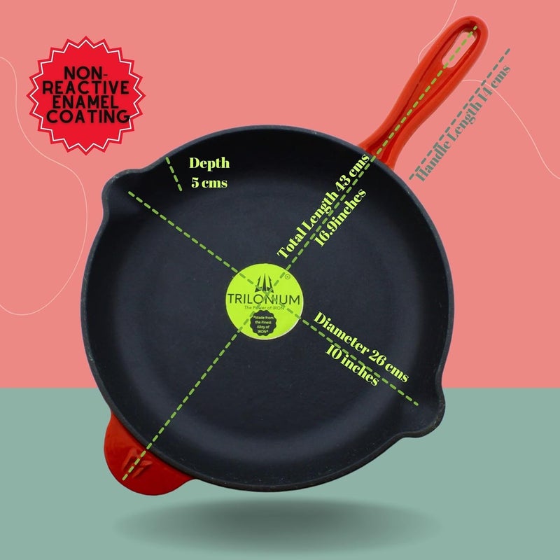 Trilonium Enameled Cast Iron Induction Compatible Skillet Fry Pan 26 cms Red - Image 2