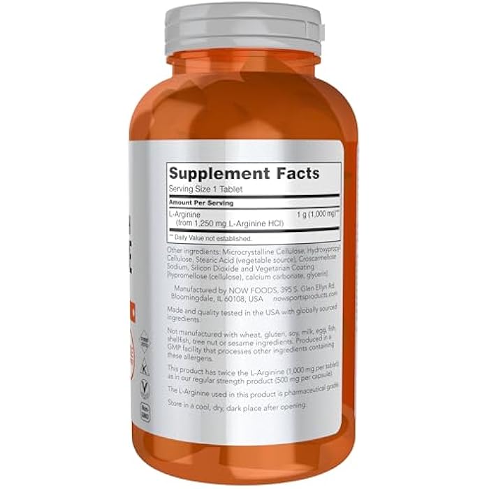 now Sports Nutrition, L-Arginine Double Strength 1000mg, Nitric Oxide Precursor, Amino Acids, 180 Tablets - Image 2