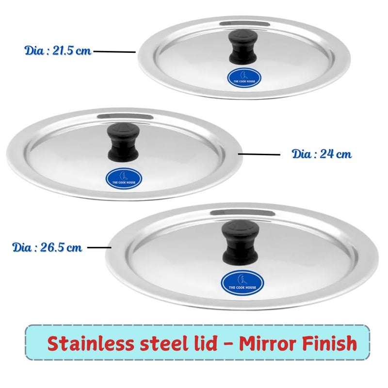 THE COOK HOUSE Stainless Steel Lid Set for Kitchen Utensils with Knobs | Round Steel Ciba/Lid | Tope, Kadhai, Pan, Pot, Cheeba, Dhakan Cover/Chiba Set | Sturdy Knob & Durable | Multipurpose - 21.5cm, 24cm, 26. cm - Image 2
