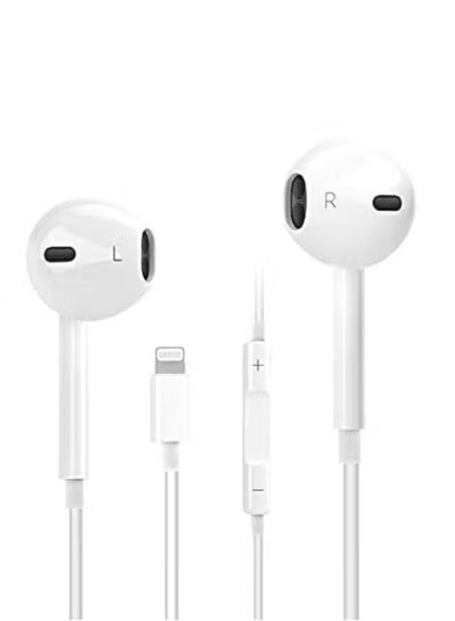 White Lightning Wired Earphones for iPhone 7, 8 Plus, X, XS, XR, 11, 12, 13, 14 Pro Max – In-Ear Headphones with Mic & Remote – Noise-Isolating, HD Sound, Tangle-Free Cable – Lightning Connector Plug & Play Earbuds for iOS Devices