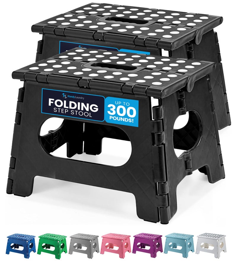 Handy Laundry Folding Lightweight Step Stool - Sturdy Enough to Support Adults and Safe Enough for Kids - Opens Easy with One Flip - Great for Kitchen, Bathroom or Bedroom (Black | 2-Pack) - Image 1
