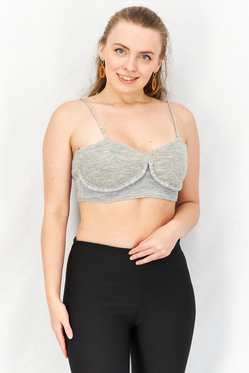 Asos Design Women Square neck Sleeveless Textured Bralette Top, Grey - Image 1
