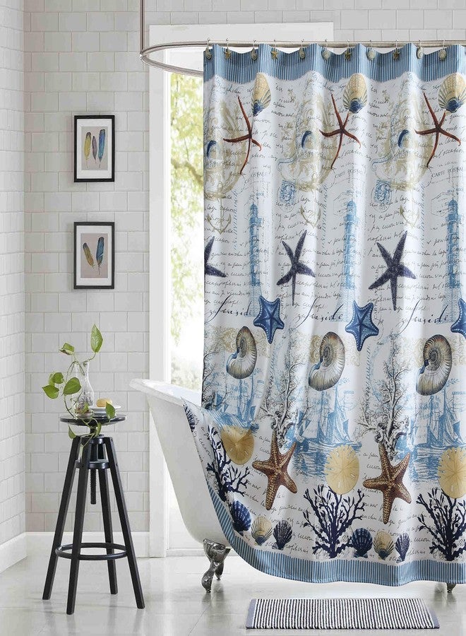 BESTRIPES Under The Sea Shower Curtain, Coastal Beach Nautical Ocean Themed Waterproof Polyester Fabric Bathroom Curtain with Seashells, Starfish, Coral, Lighthouse & Sailboat, 72" W x 72" H - Image 1