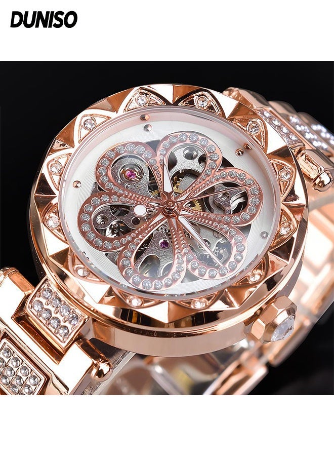 DUNISO Women‘s Automatic Mechanical watch ,with Diamond and Carving Flower Craft, Hollow Mechanical Waterproof Wrist Watch with Rose gold strap - Image 1