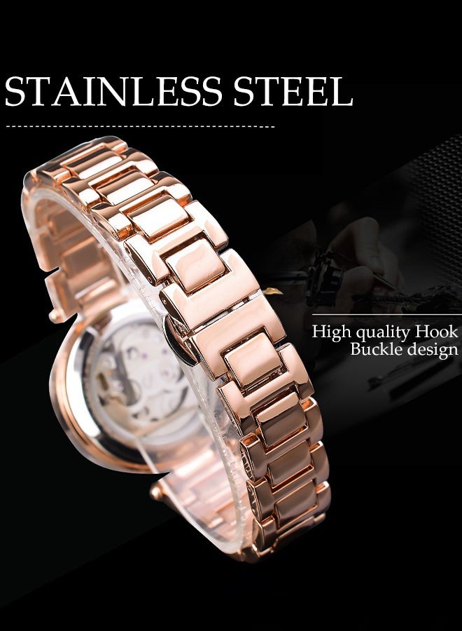 DUNISO Women‘s Automatic Mechanical watch ,with Diamond and Carving Flower Craft, Hollow Mechanical Waterproof Wrist Watch with Rose gold strap - Image 5