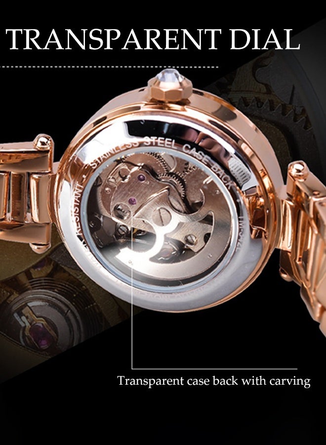 DUNISO Women‘s Automatic Mechanical watch ,with Diamond and Carving Flower Craft, Hollow Mechanical Waterproof Wrist Watch with Rose gold strap - Image 4